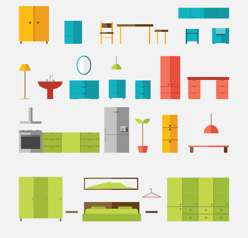 彩色扁平化家具设计AI矢量 清新室内生活家居用品图标 设计素材